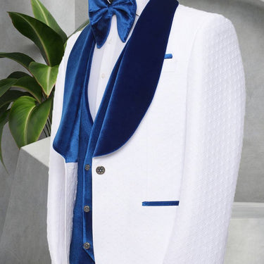 Three Piece Mens Suit with contrasting blue velvet lapel, matching bow tie and Black Pants