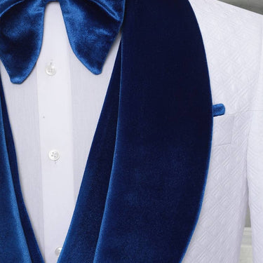 Three Piece Mens Suit with contrasting blue velvet lapel, matching bow tie and Black Pants