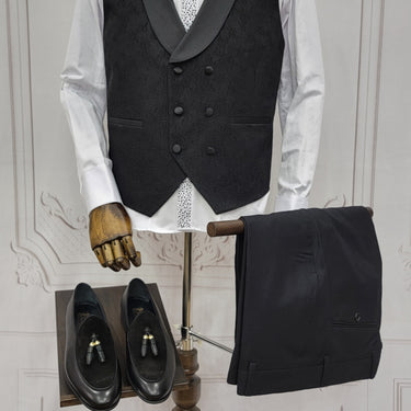 Three Piece Tuxedo Suit with Contrasting Black Satin Lapel, matching bow tie and Black Pants.