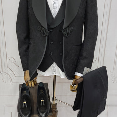 Three Piece Tuxedo Suit with Contrasting Black Satin Lapel, matching bow tie and Black Pants.