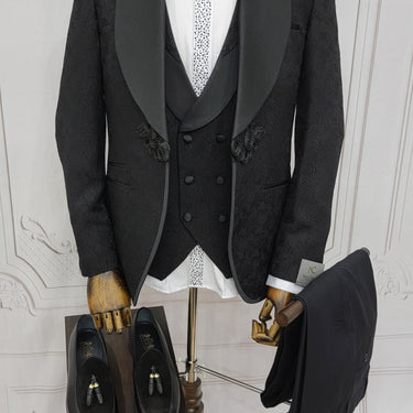 Three Piece Tuxedo Suit with Contrasting Black Satin Lapel, matching bow tie and Black Pants.