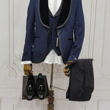 Three Pieces Men's Suit with contrasting black velvet lapel, matching bow tie and Black Pants.