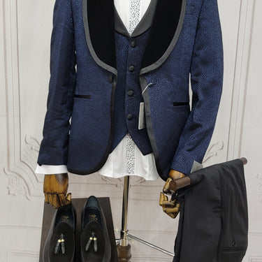 Three Pieces Men's Suit with contrasting black velvet lapel, matching bow tie and Black Pants.