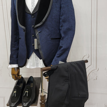 Three Pieces Men's Suit with contrasting black velvet lapel, matching bow tie and Black Pants.