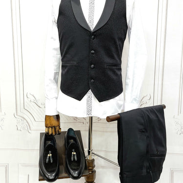 Three Pieces Tuxedo Suit with Contrasting Black velvet Lapel, matching bow tie and Black Pants.