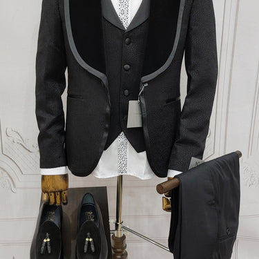 Three Pieces Tuxedo Suit with Contrasting Black velvet Lapel, matching bow tie and Black Pants.