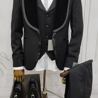 Three Pieces Tuxedo Suit with Contrasting Black velvet Lapel, matching bow tie and Black Pants.