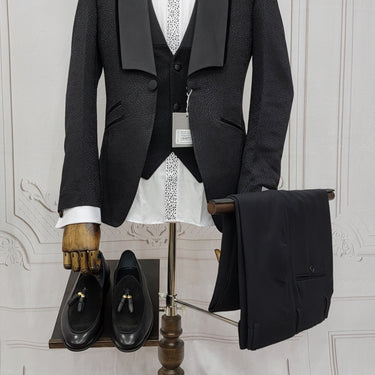 Three Piece Tuxedo Suit with Black velvet accented Lapel and Pants.