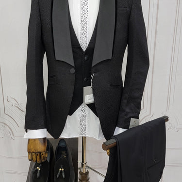 Three Piece Tuxedo Suit with Black velvet accented Lapel and Pants.