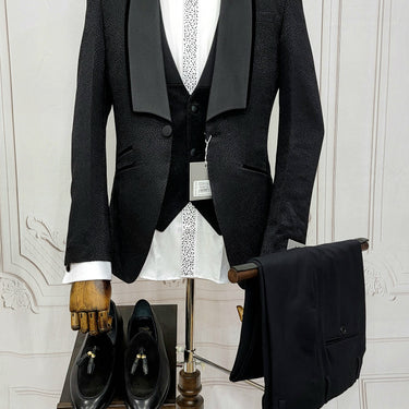 Three Piece Tuxedo Suit with Black velvet accented Lapel and Pants.