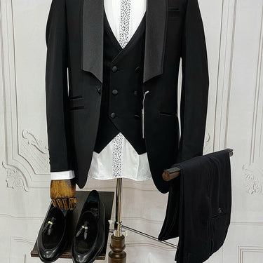 Three Piece Tuxedo suit with shiny lapel comes with matching bow tie.