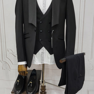 Three Piece Tuxedo suit with shiny lapel comes with matching bow tie.