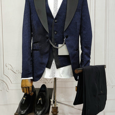 Three Piece Tuxedo Suit with Black Lapel, Matching Bow Tie and Pants.