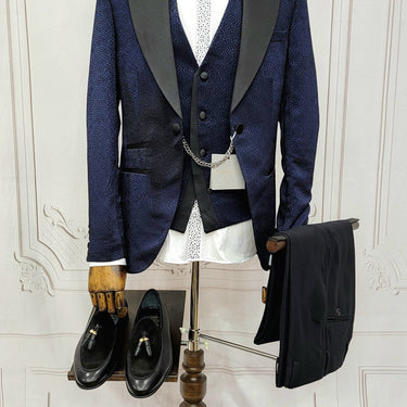 Three Piece Tuxedo Suit with Black Lapel, Matching Bow Tie and Pants.