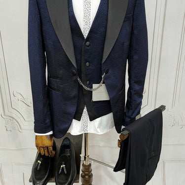 Three Piece Tuxedo Suit with Black Lapel, Matching Bow Tie and Pants.