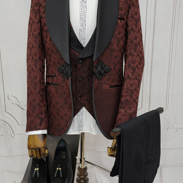 Three Pieces Tuxedo Suit with Contrasting Black Satin Lapel, matching bow tie and Black Pants