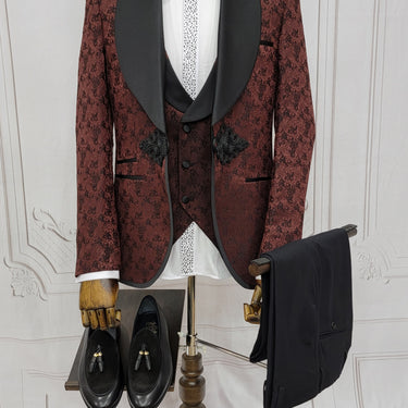 Three Pieces Tuxedo Suit with Contrasting Black Satin Lapel, matching bow tie and Black Pants