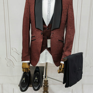 Single Button Three Piece Tuxedo Suit with Contrasting Black Lapel and Pants