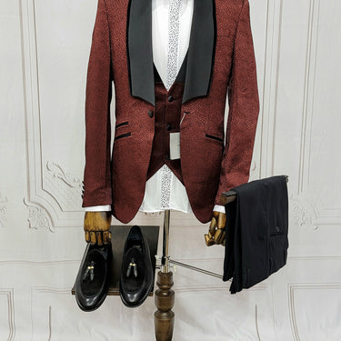 Single Button Three Piece Tuxedo Suit with Contrasting Black Lapel and Pants