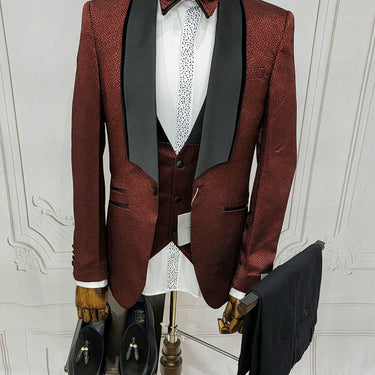 Single Button Three Piece Tuxedo Suit with Contrasting Black Lapel and Pants