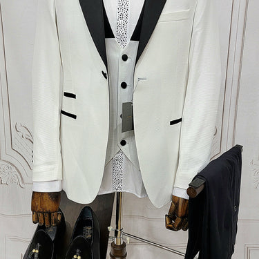 Three Pieces Tuxedo Suit with Contrasting Black Lapel, matching bow tie and Black Pants.