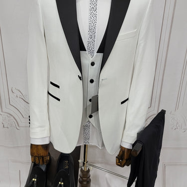 Three Pieces Tuxedo Suit with Contrasting Black Lapel, matching bow tie and Black Pants.