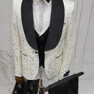Three Pieces Tuxedo Suit with Contrasting Black Satin Lapel, matching bow tie and Black Pants.