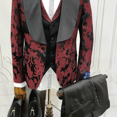 Three Pieces Tuxedo Suit with Black Satin Lapel, Contrasting black vest and black dress pants.