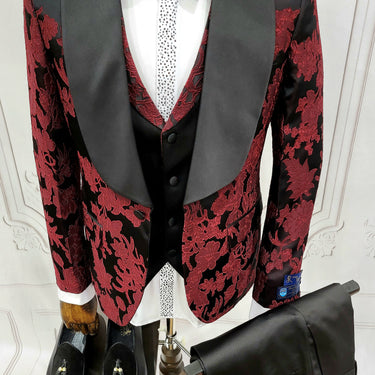 Three Pieces Tuxedo Suit with Black Satin Lapel, Contrasting black vest and black dress pants.