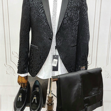 Classic Single Button Two-Piece Tuxedo Suit with leopard patched premium material and a Satin Lapel, matching bow tie and Black Pants.