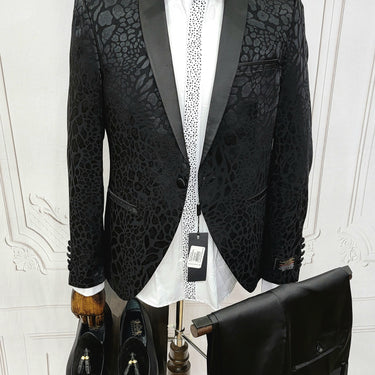 Classic Single Button Two-Piece Tuxedo Suit with leopard patched premium material and a Satin Lapel, matching bow tie and Black Pants.