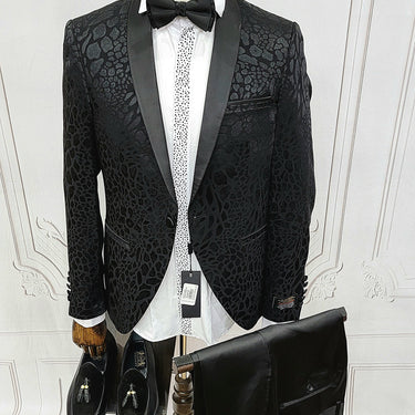Classic Single Button Two-Piece Tuxedo Suit with leopard patched premium material and a Satin Lapel, matching bow tie and Black Pants.