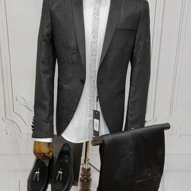 Single Button Two-Piece Tuxedo Suit with matching bow tie and Black Pants.
