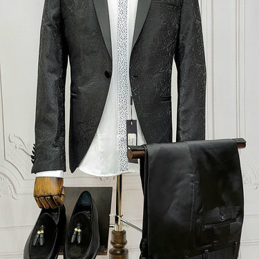 Single Button Two-Piece Tuxedo Suit with matching bow tie and Black Pants.