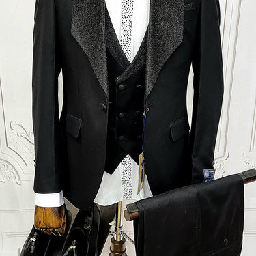 Three Pieces Tuxedo Suit with Contrasting shiny silver accent handmade sparkles, matching bow tie and Black Pants.