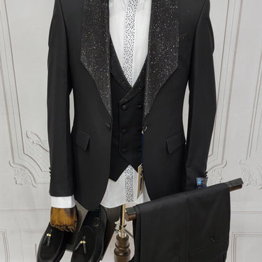 Three Pieces Tuxedo Suit with Contrasting shiny silver accent handmade sparkles, matching bow tie and Black Pants.
