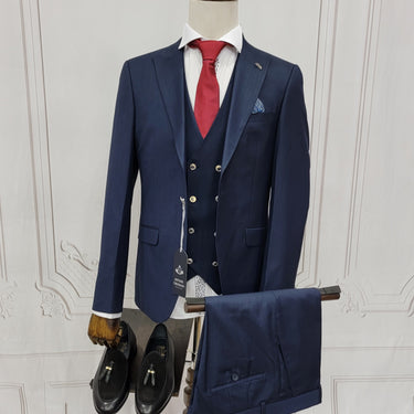 Three Pieces Classic Suit with Double Breasted Style Vest and gold Buttons.