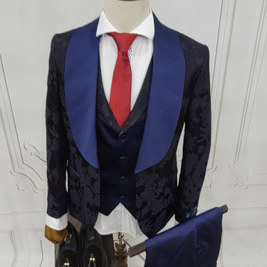 Three Pieces Tuxedo Suit with Blue satin Lapel, matching bow tie and Dress Pants.