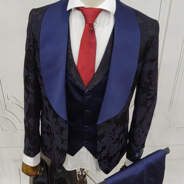 Three Pieces Tuxedo Suit with Blue satin Lapel, matching bow tie and Dress Pants.