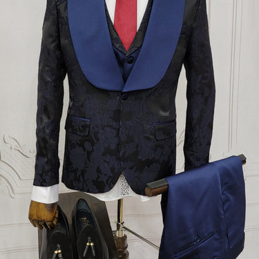 Three Pieces Tuxedo Suit with Blue satin Lapel, matching bow tie and Dress Pants.