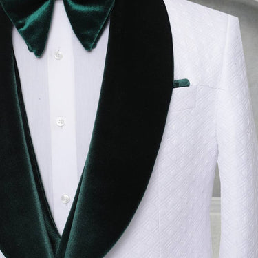 Three Pieces Tuxedo Suit with contrasting green velvet Lapel, matching bow tie and Black Pants.