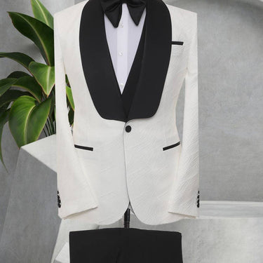 Three Piece Tuxedo Suit with contrasting black satin lapel, matching bow tie and Black Pants.