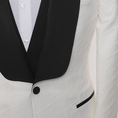 Three Piece Tuxedo Suit with contrasting black satin lapel, matching bow tie and Black Pants.