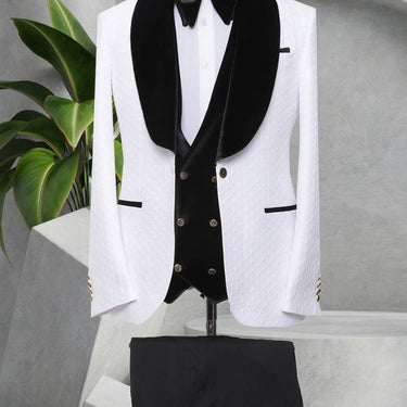 Three Pieces Tuxedo Suit with Contrasting Black velvet Lapel, matching bow tie and Black Pants.