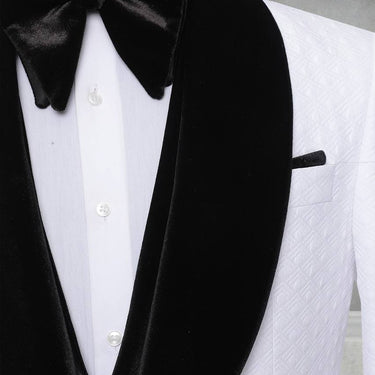 Three Pieces Tuxedo Suit with Contrasting Black velvet Lapel, matching bow tie and Black Pants.