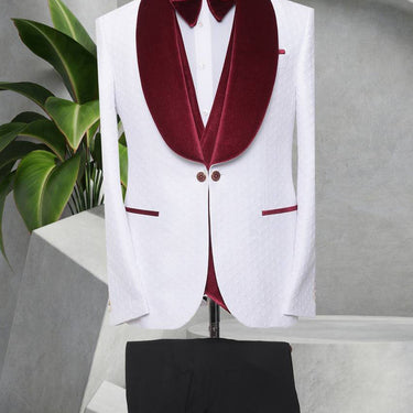 Three Piece Tuxedo Suit with contrasting burgundy/red velvet Lapel, matching bow tie and Black Pants