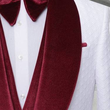 Three Piece Tuxedo Suit with contrasting burgundy/red velvet Lapel, matching bow tie and Black Pants