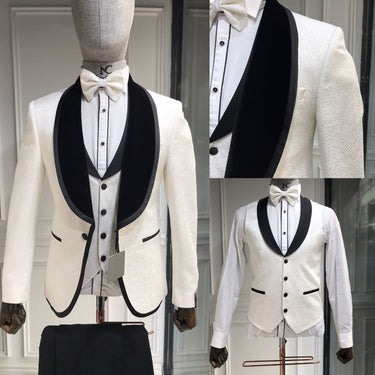 Three Pieces Tuxedo Suit with Contrasting Black velvet Lapel, matching bow tie and Black Pants.