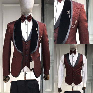Three Piece Tuxedo Suit with Contrasting Black Velvet Lapel and Pants.