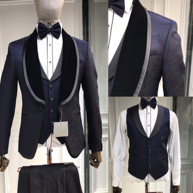 Single button three piece men's Suit with contrasting black velvet lapel, matching bow tie and Black Pants